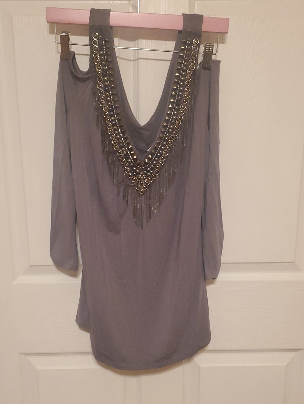 Boston Proper Gray Cold-Shoulder V-Neck Tunic with Grommet Fringe